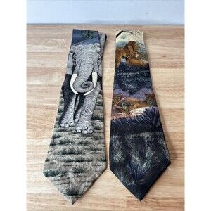Lot of 2 Endangered Species Silk Ties Wildlife Elephant Lion Safari Nature 90s